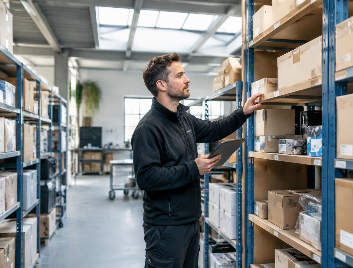 Magazijnmedewerker telt voorraad met een tablet